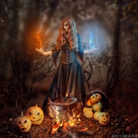 Картинка с девушкой-ведьмой в лесу и праздничные тыквы рядом с котлом