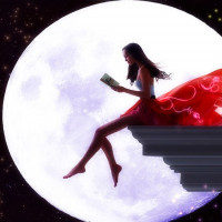 Картинка с девушкой, которая сидит на краю на фоне луны и читает книгу