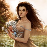 Рисунок девушки с ромашками на ромашковом поле
