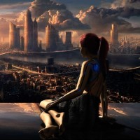 Картинка с девушкой, сидящей на крыше высотного здания