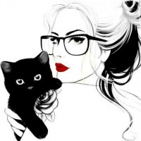 Черно-белый рисунок с девушкой и котенком на руках
