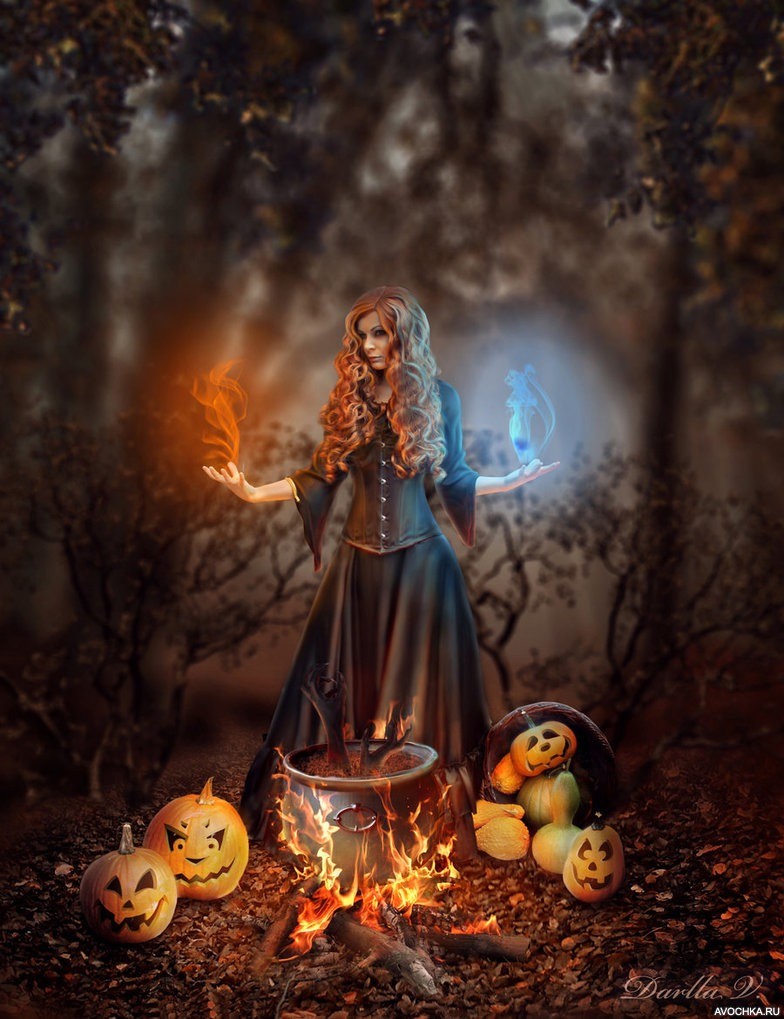 Картинка 784x1019 | Картинка с девушкой-ведьмой в лесу и праздничные тыквы рядом с котлом | Девушки, Праздники, фото