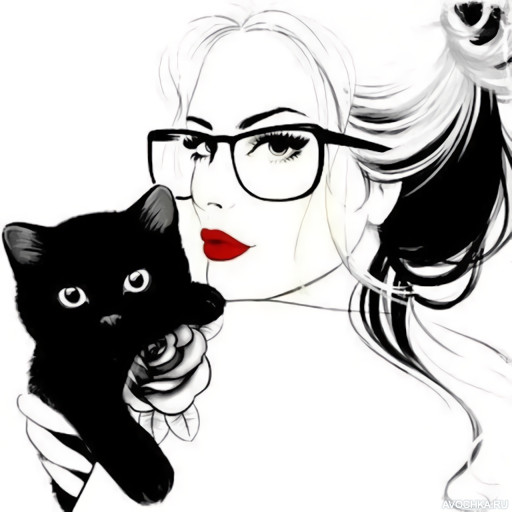 Картинка 512x512 | Черно-белый рисунок с девушкой и котенком на руках | Животные, Девушки, фото