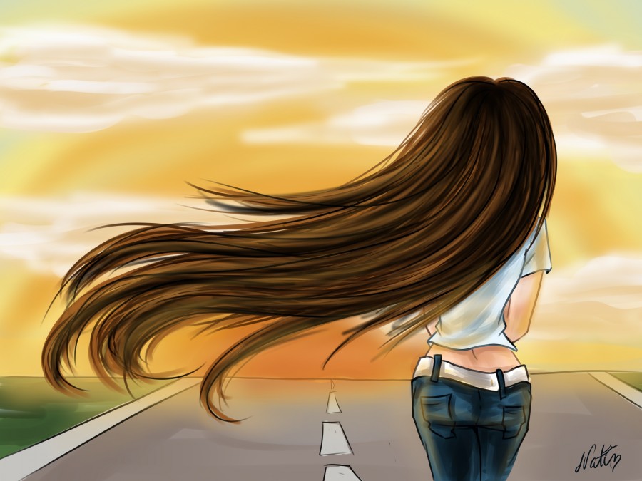 Картинка 900x675 | Нарисованная девушка со спины с длинными волосами | Девушки, фото