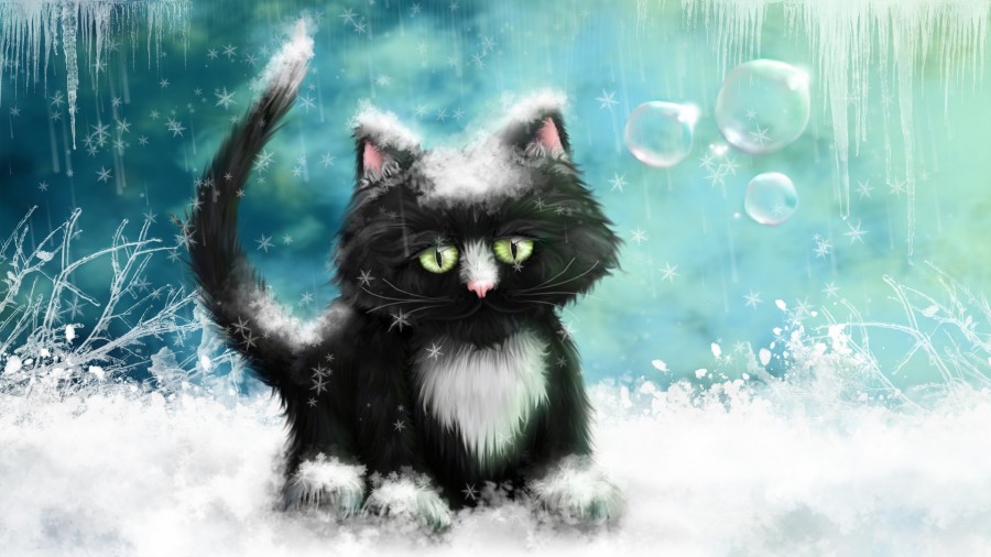 Картинка 900x507 | Зимний рисунок с черным котом | Животные, фото